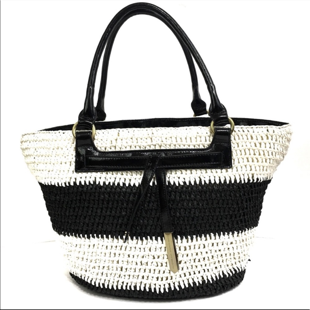 Adrienne Vittadini Nautical Black White Straw Summer Tote Bag - Picture 2 of 16